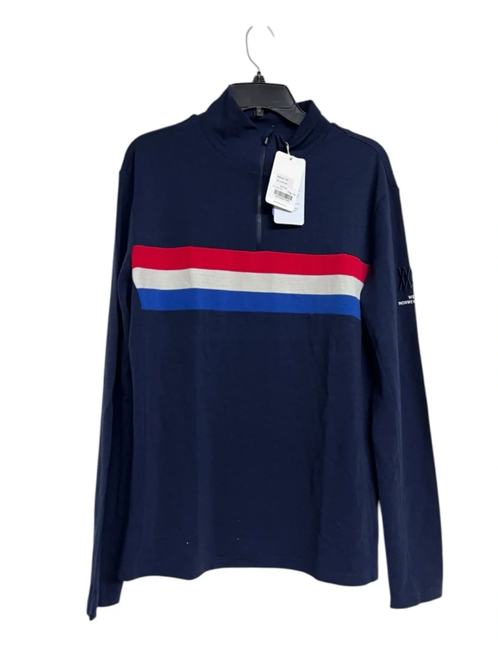 NEW Men's‎ We Norwegians Navy 1/4 Zip Sweater Flag Print Pique Merino Wool